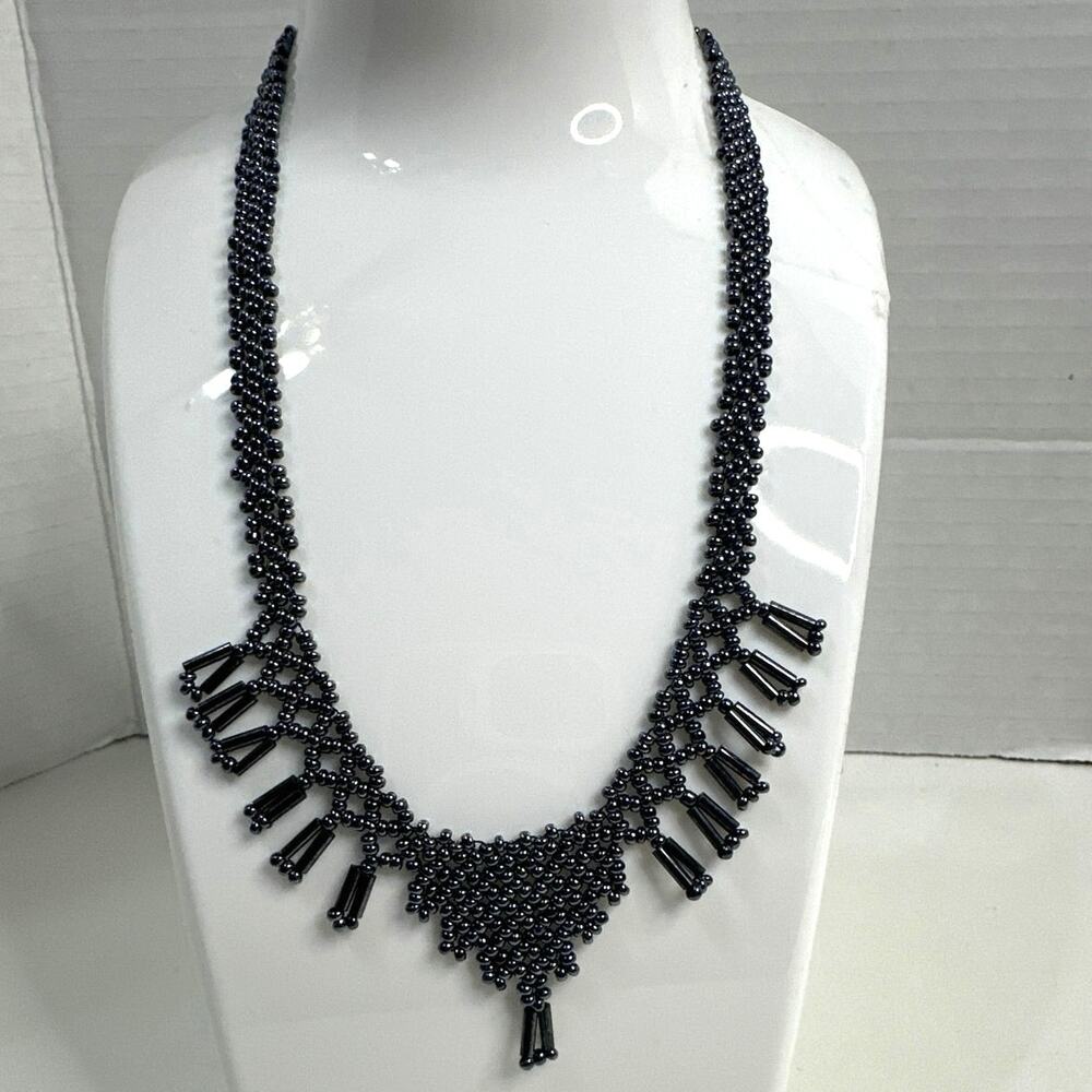 Beaded Necklace, Blue & Black small bead necklace/Choker. Dainty yet elegant!